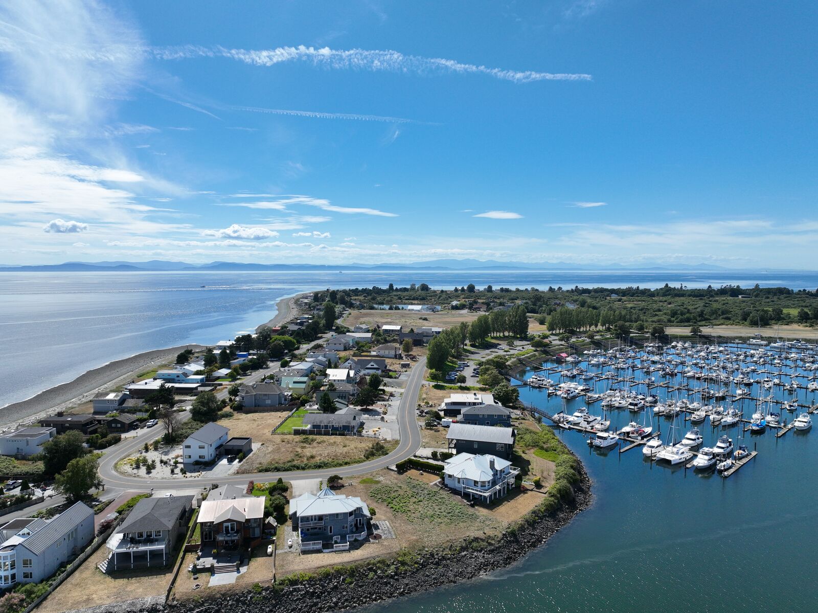 Aerial view of Point Roberts, Washington showing the marina, coastline, and community